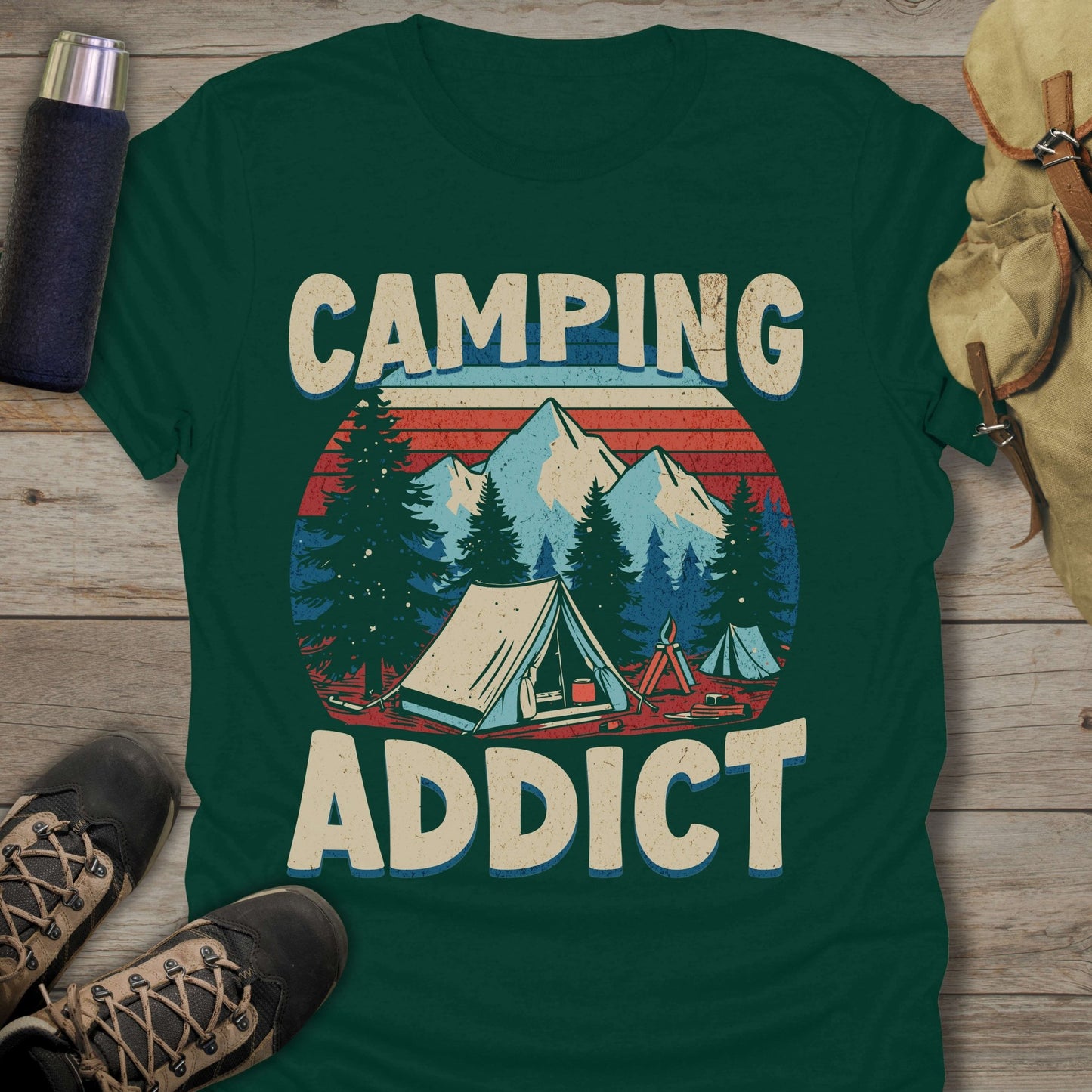 Funny camping shirts and funny shirts for men. Camping Addict in color forest green.