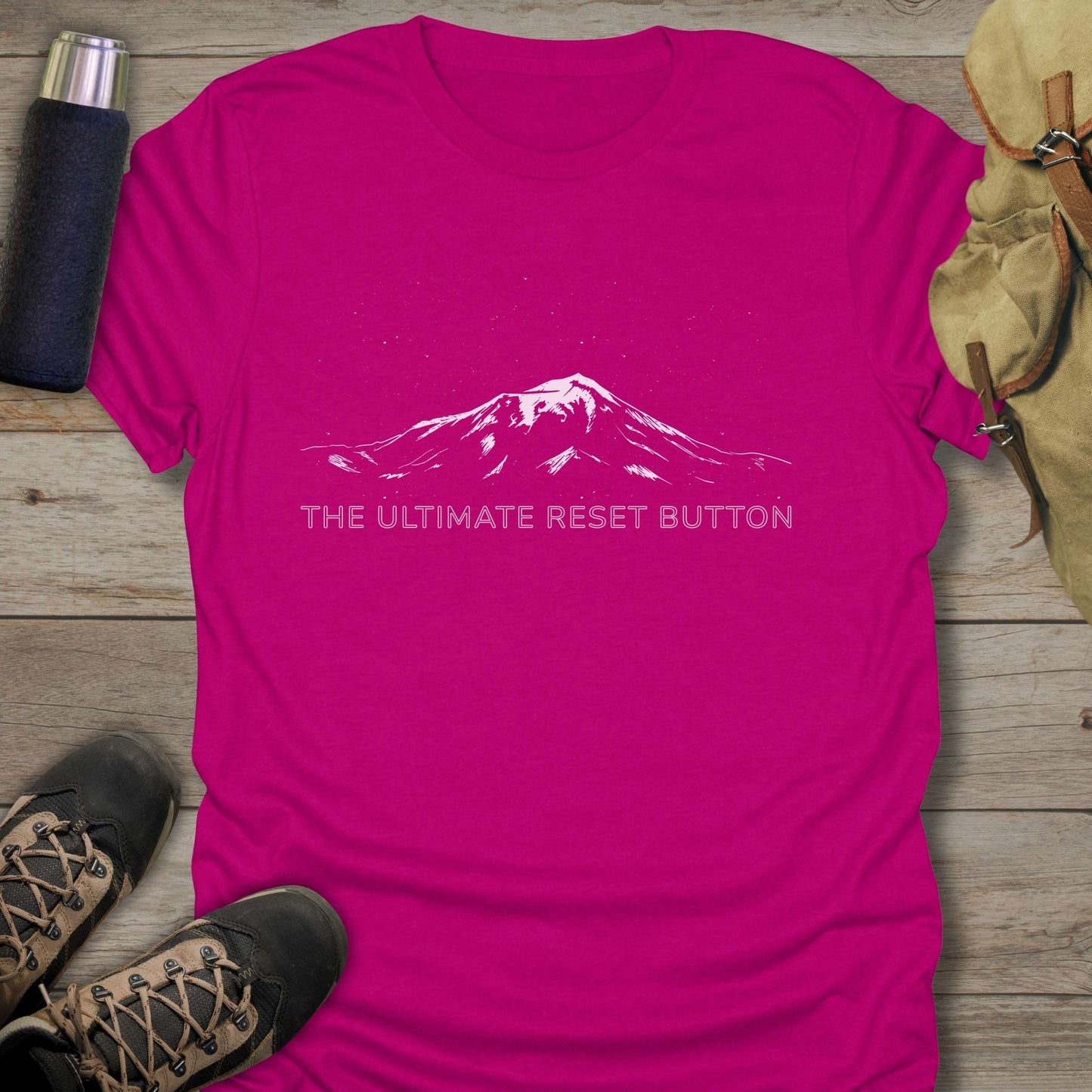 Funny hiking shirts and funny shirts for men. The ultimate reset button in color pink.