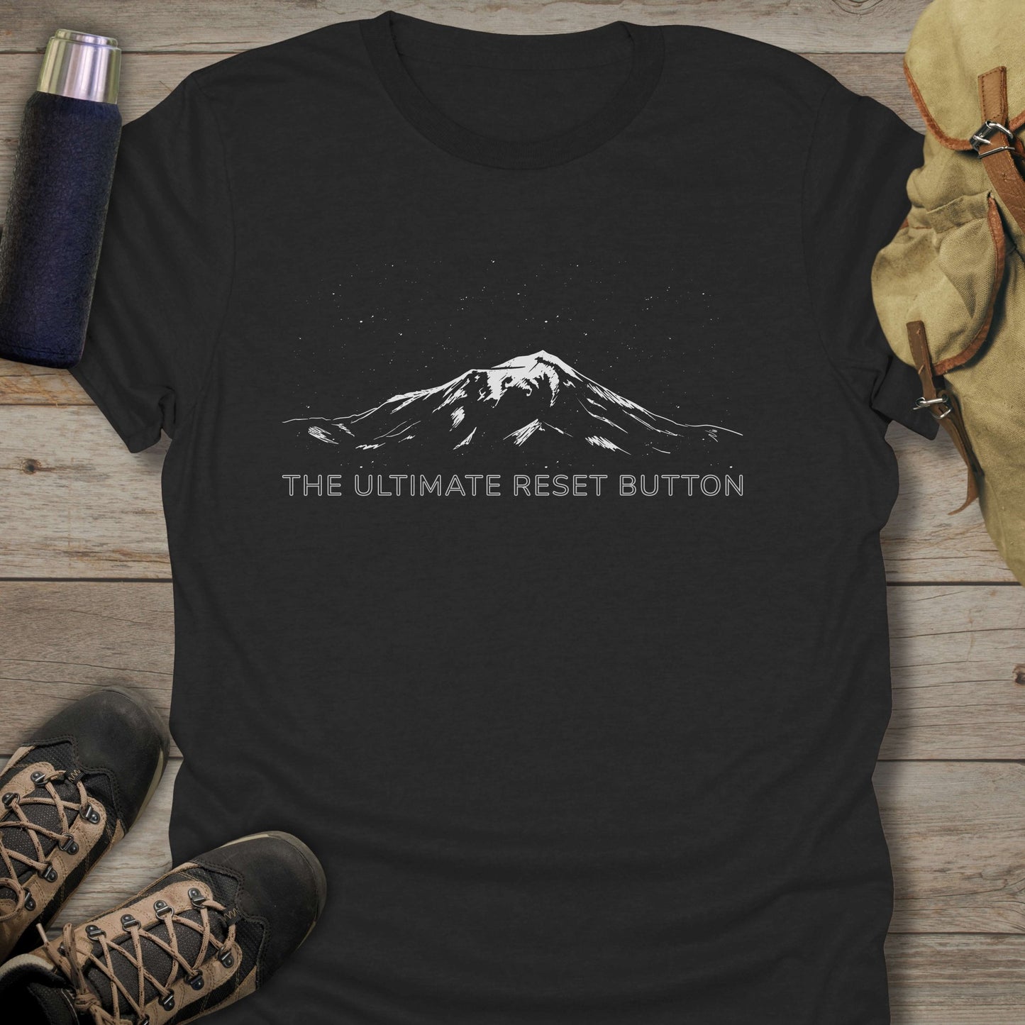 Funny hiking shirts and funny shirts for men. The ultimate reset button in color black.