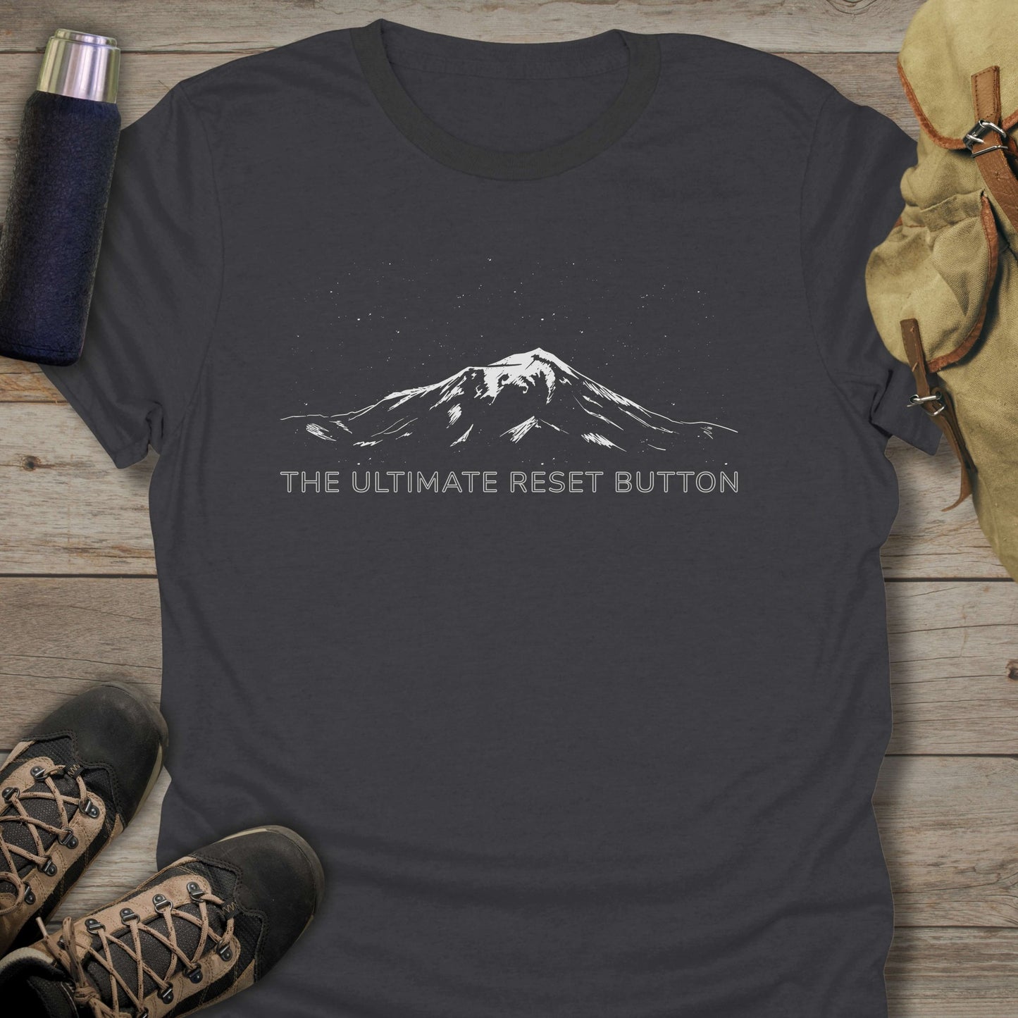 Funny hiking shirts and funny shirts for men. The ultimate reset button in color grey.