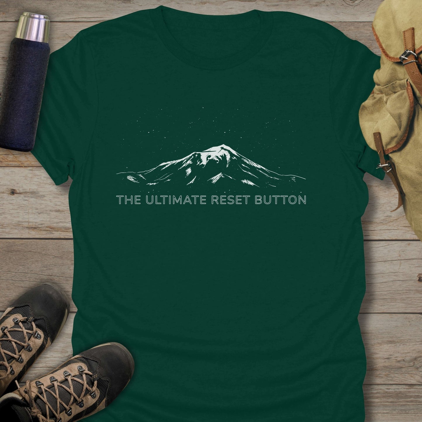 Funny hiking shirts and funny shirts for men. The ultimate reset button in color green.