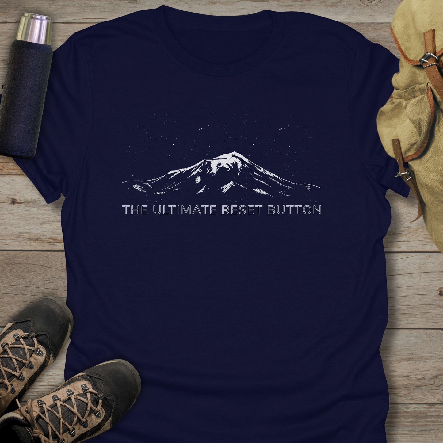 Funny hiking shirts and funny shirts for men. The ultimate reset button in color blue.