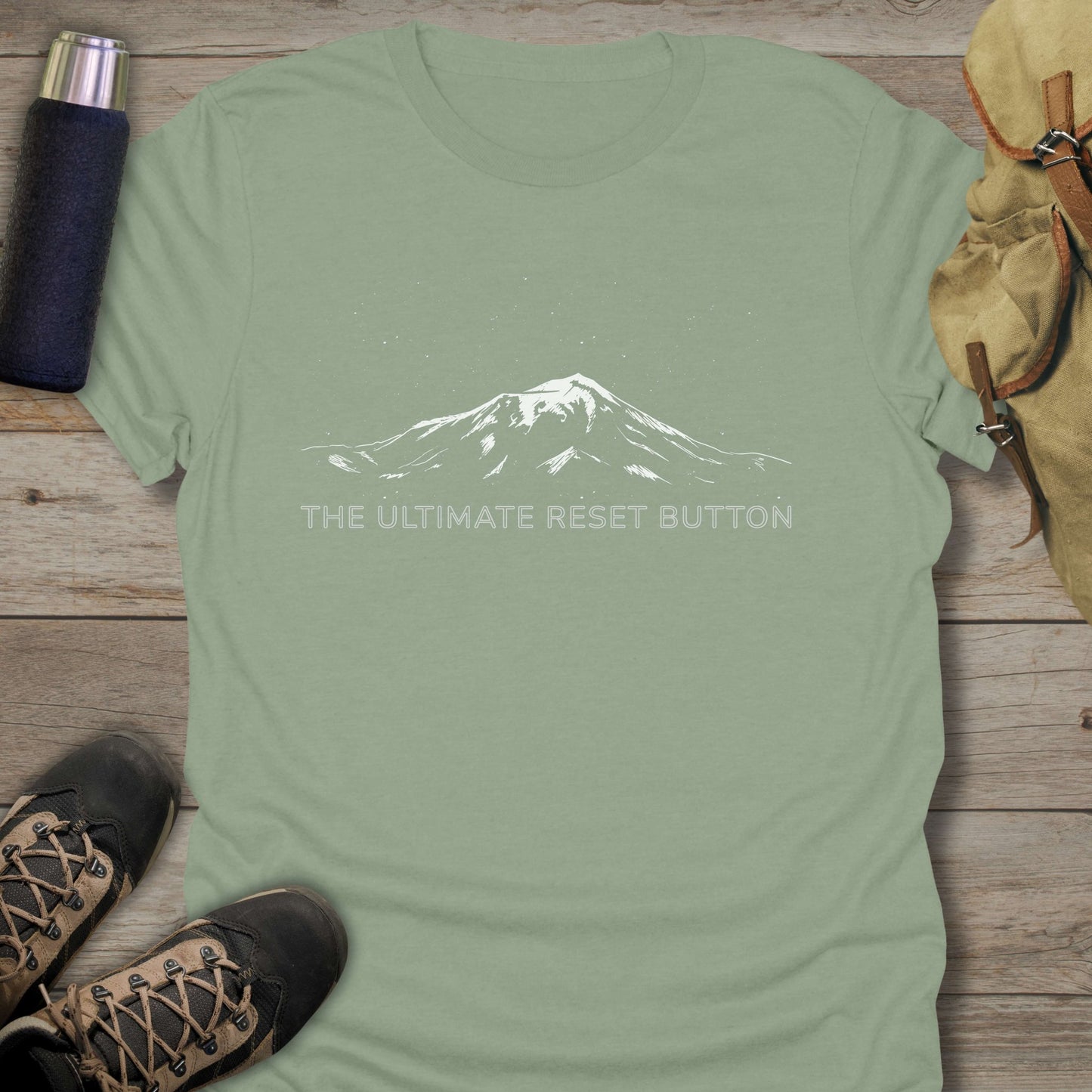 Funny hiking shirts and funny shirts for men. The ultimate reset button in color sage.