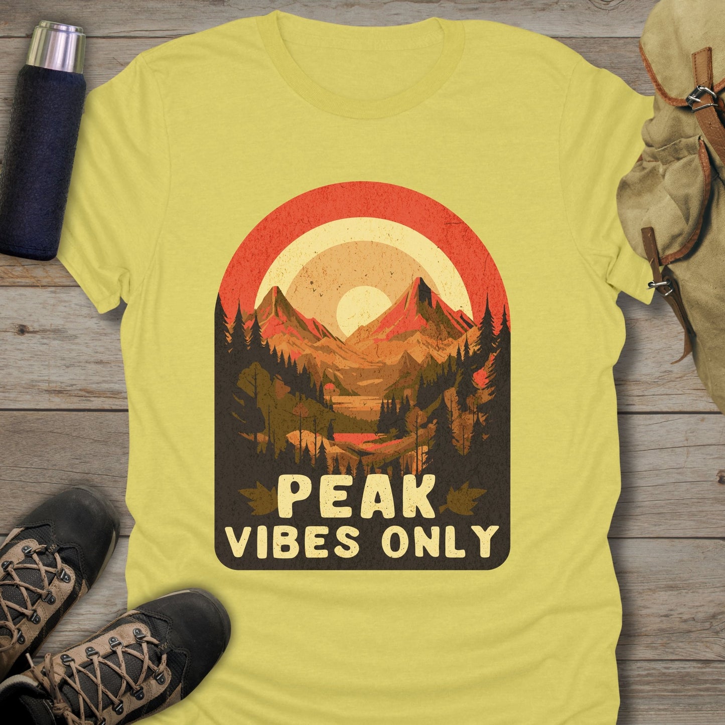 Funny hiking shirts and funny shirts for men. Peak vibes only in color cornslik.