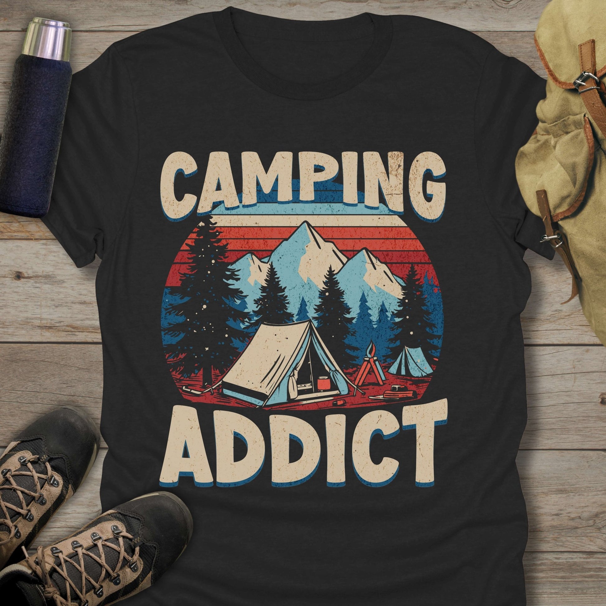 Funny camping shirts and funny shirts for men. Camping Addict in color black.