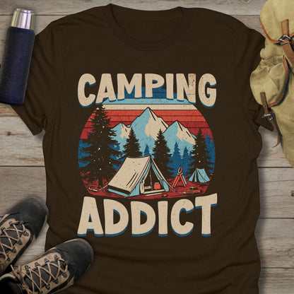 Funny camping shirts and funny shirts for men. Camping Addict in color dark chocolate.