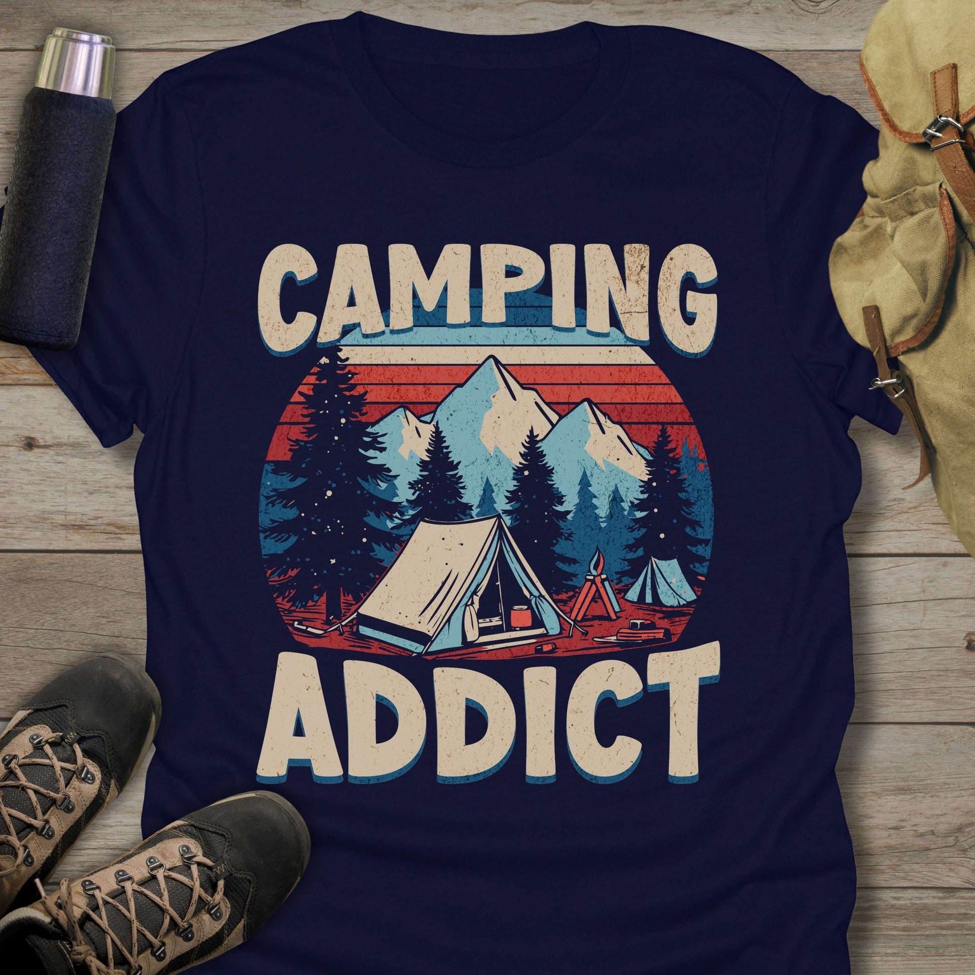 Funny camping shirts and funny shirts for men. Camping Addict in color navy.