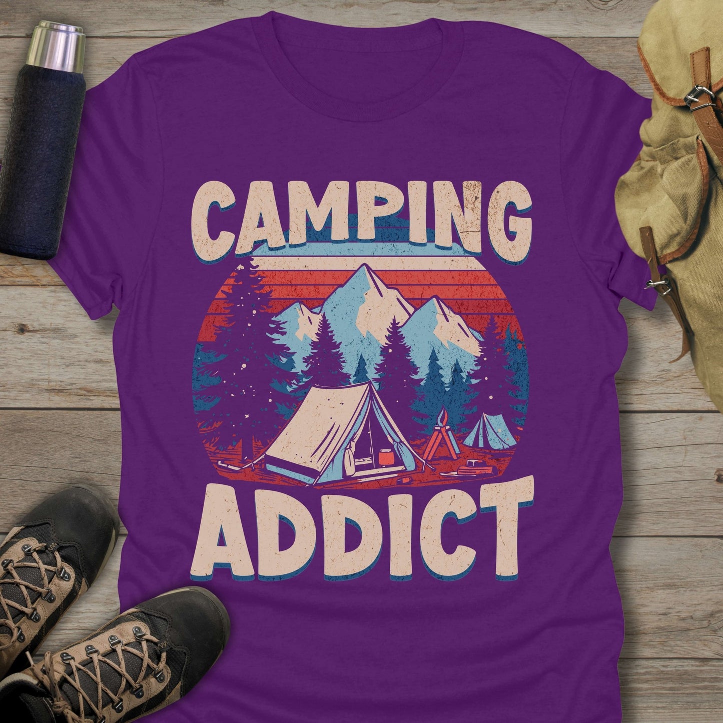 Funny camping shirts and funny shirts for men. Camping Addict in color purple.