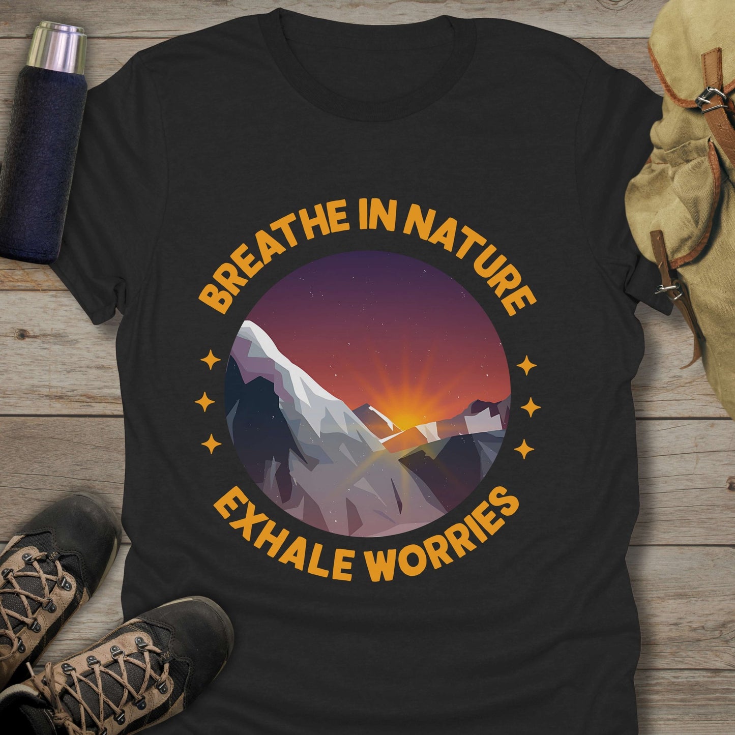Funny hiking shirts and funny shirts for men. Breathe In Nature Exhale Worries in color black.