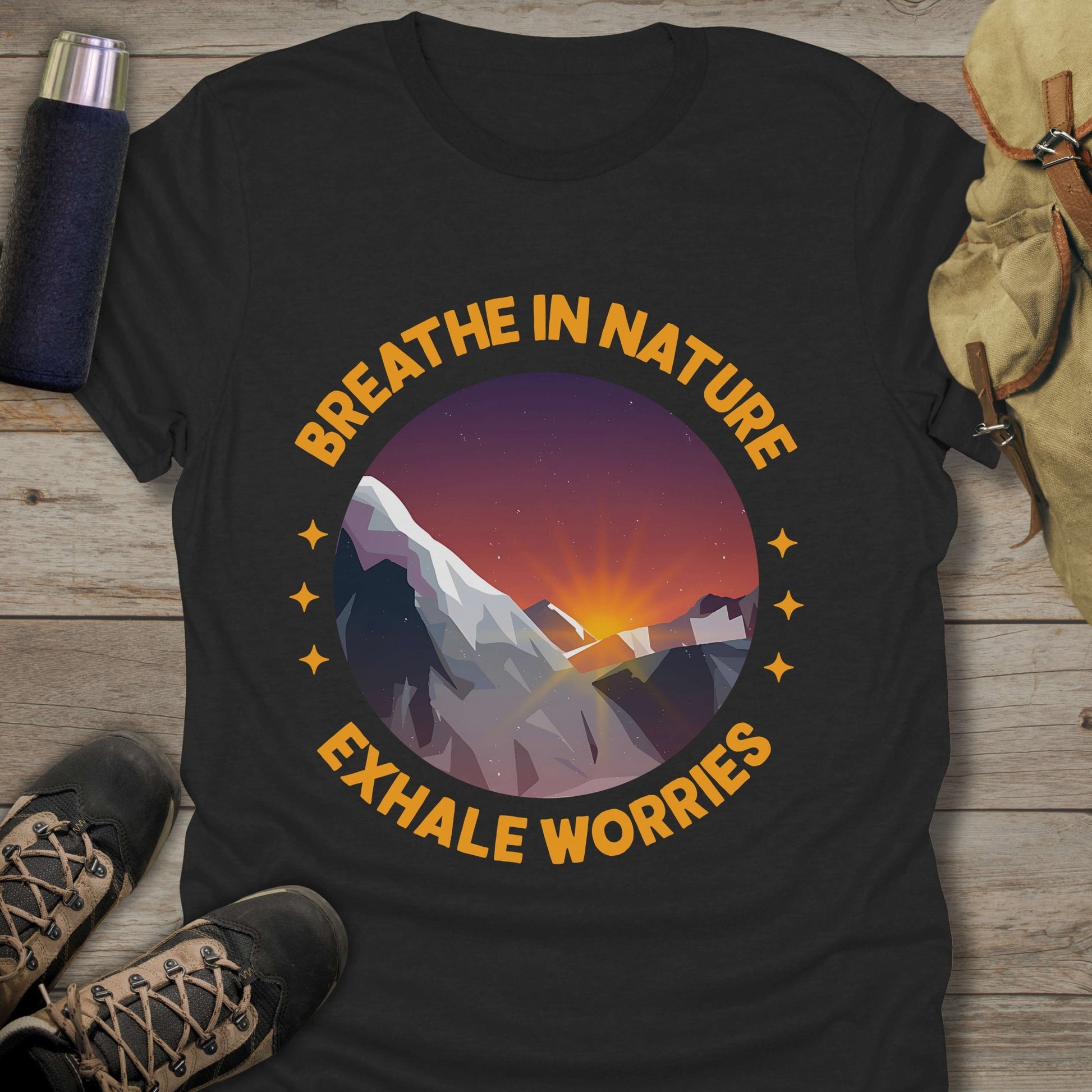 Funny hiking shirts and funny shirts for men. Breathe In Nature Exhale Worries in color black.