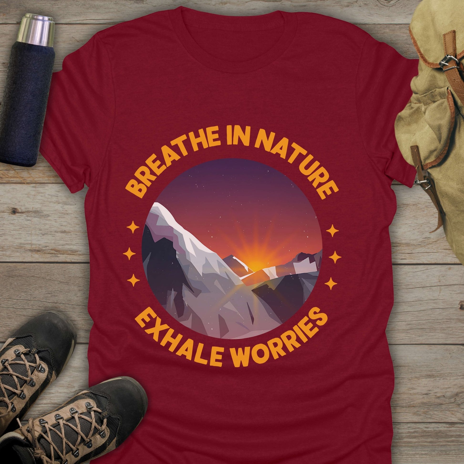 Funny hiking shirts and funny shirts for men. Breathe In Nature Exhale Worries in color red.