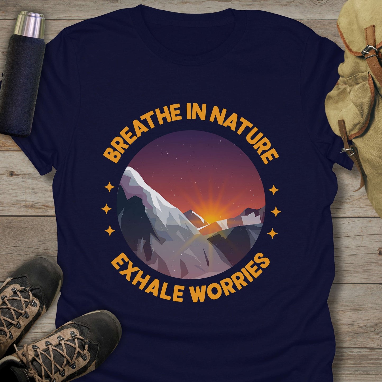 Funny hiking shirts and funny shirts for men. Breathe In Nature Exhale Worries in color navy.
