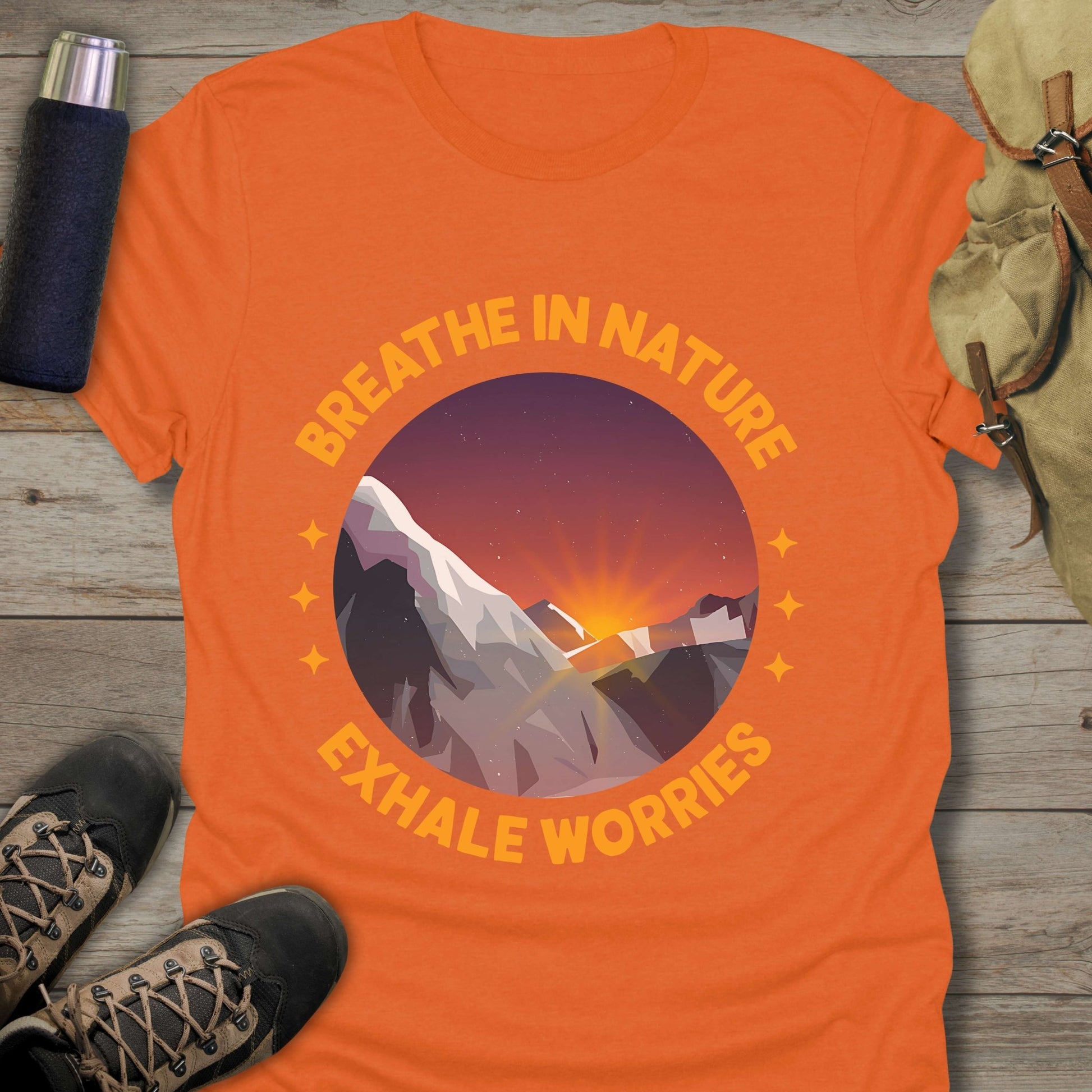 Funny hiking shirts and funny shirts for men. Breathe In Nature Exhale Worries in color orange.