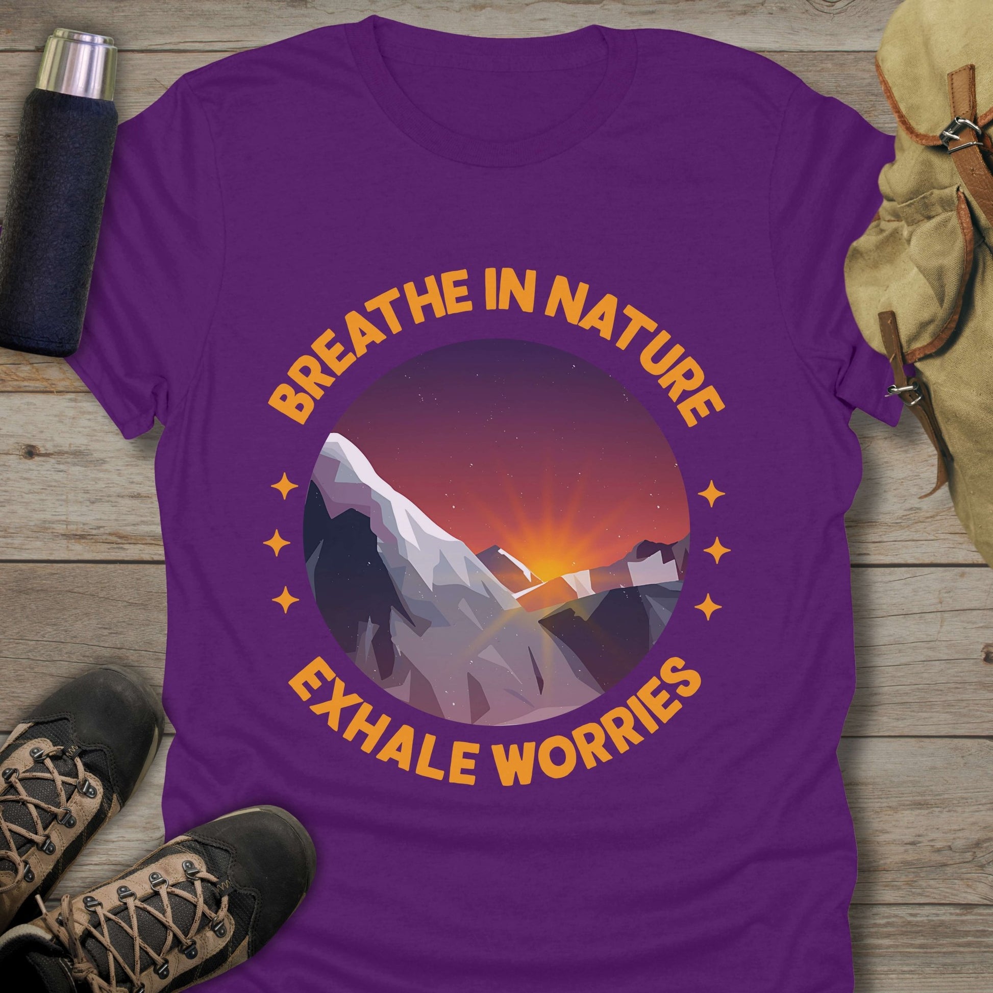 Funny hiking shirts and funny shirts for men. Breathe In Nature Exhale Worries in color purple.