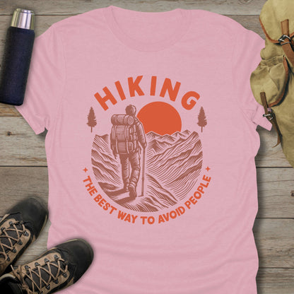 Funny hiking shirts and funny shirts for men. Hiking The Best Way To Avoid People in color light pink.