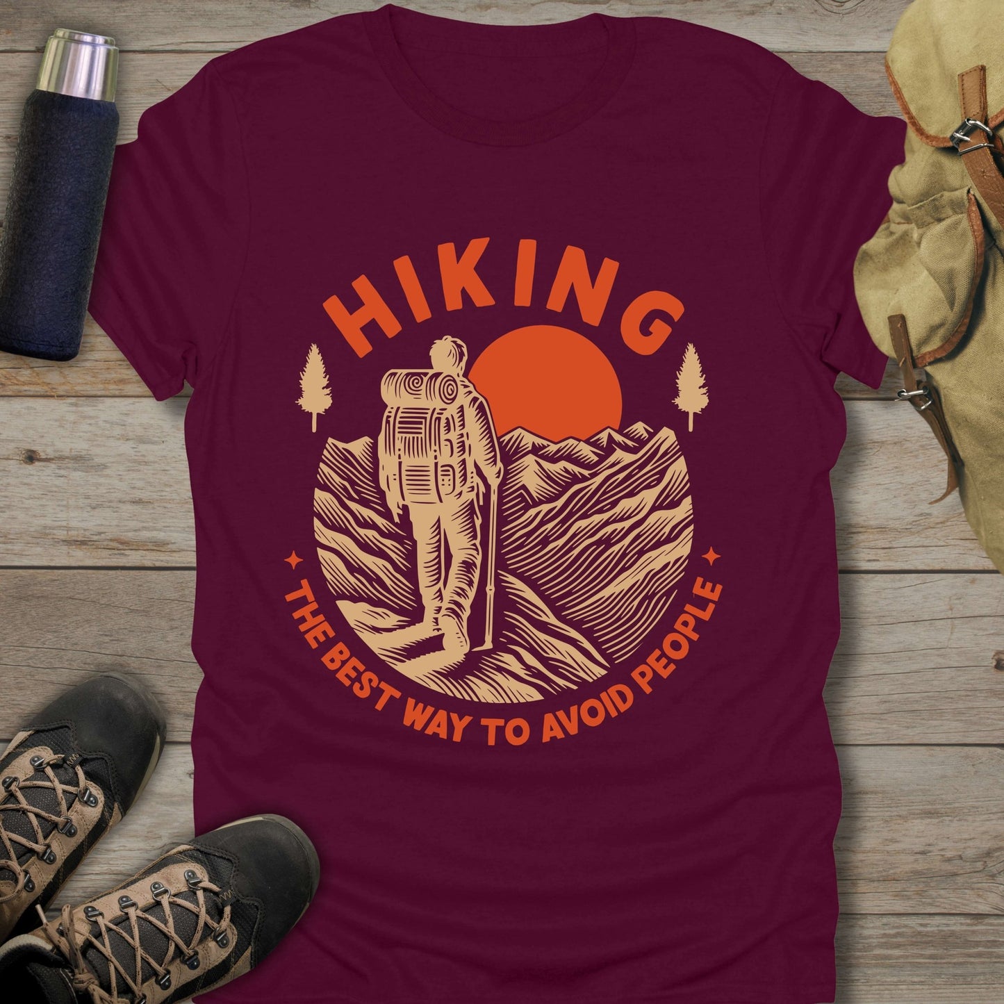 Funny hiking shirts and funny shirts for men. Hiking The Best Way To Avoid People in color red.