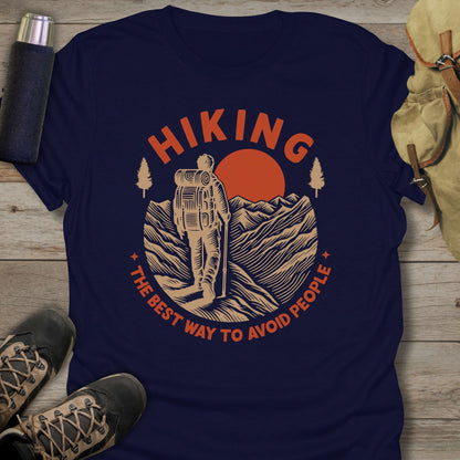 Funny hiking shirts and funny shirts for men. Hiking The Best Way To Avoid People in color navy.