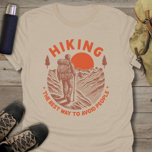 Funny hiking shirts and funny shirts for men. Hiking The Best Way To Avoid People in color sand.