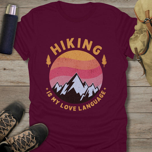 Funny hiking shirts and funny shirts for men. Hiking is my love language in color red.