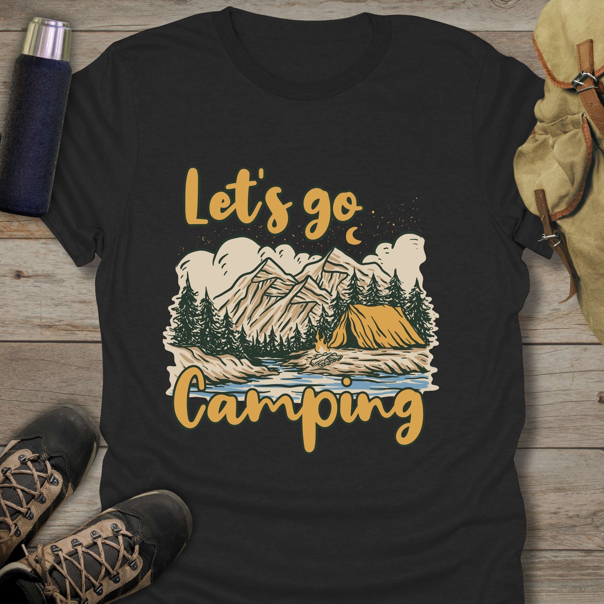 Funny camping shirts and funny shirts for men. Let's Go Camping in color black.