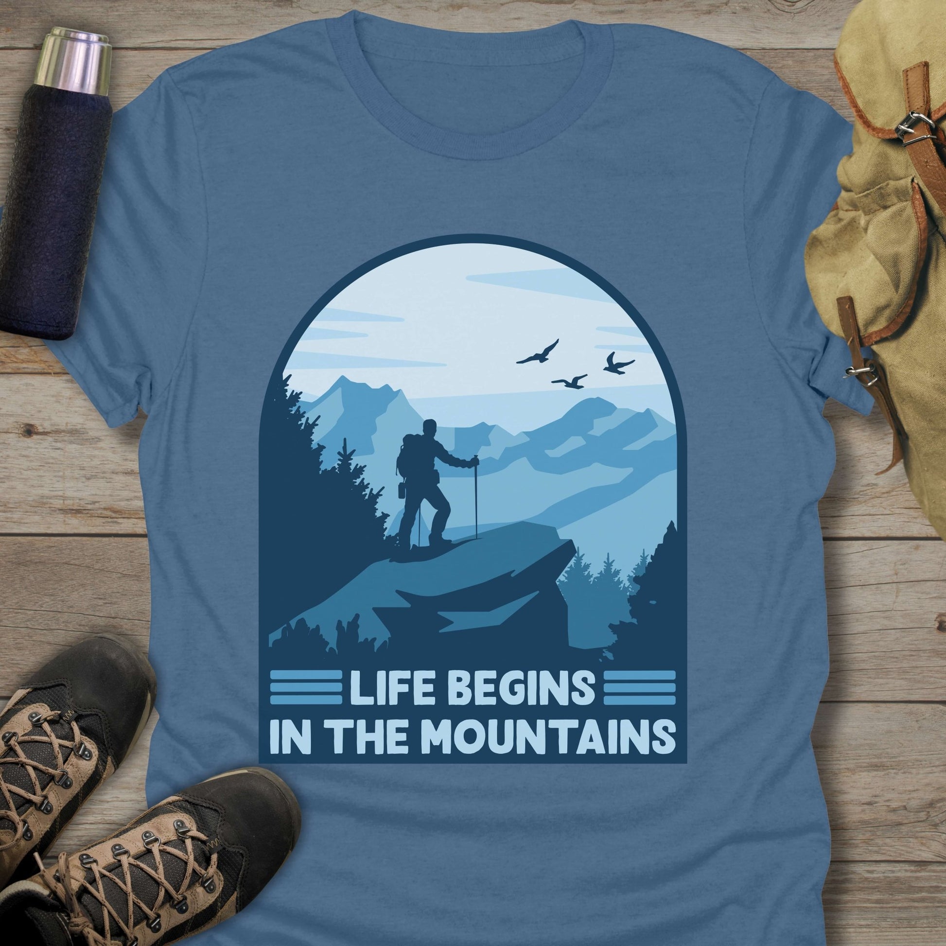 Funny hiking shirts and funny shirts for men. Life begins in the mountains in color indigo.