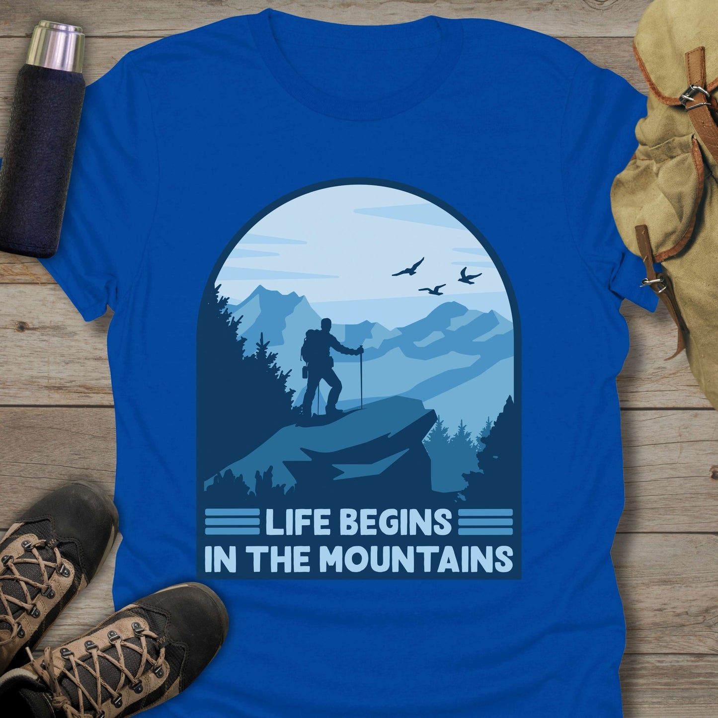 Funny hiking shirts and funny shirts for men. Life begins in the mountains in color royal.