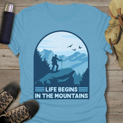 Funny hiking shirts and funny shirts for men. Life begins in the mountains in color sky.