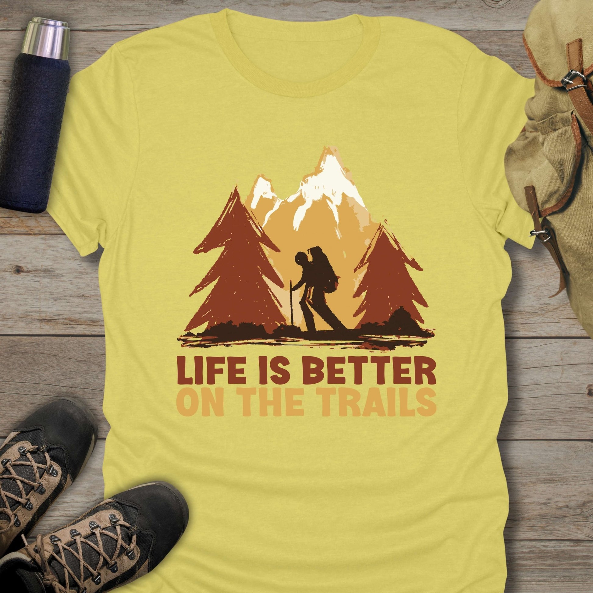 Funny hiking shirts and funny shirts for men. Life is better on the trails in color cornsilk.