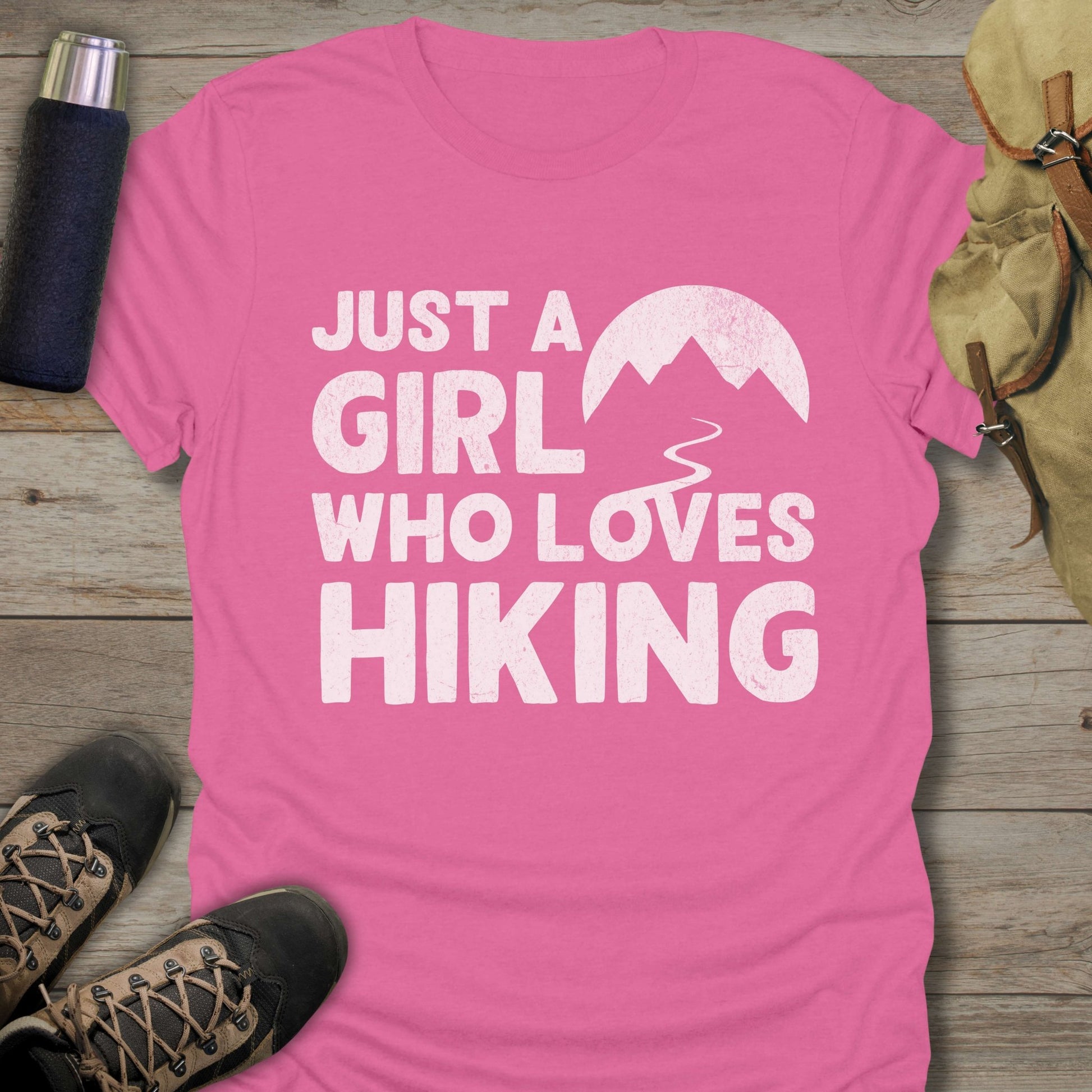 Funny hiking shirts and funny shirts for men. Just A Girl Who Loves Hiking in color pink.