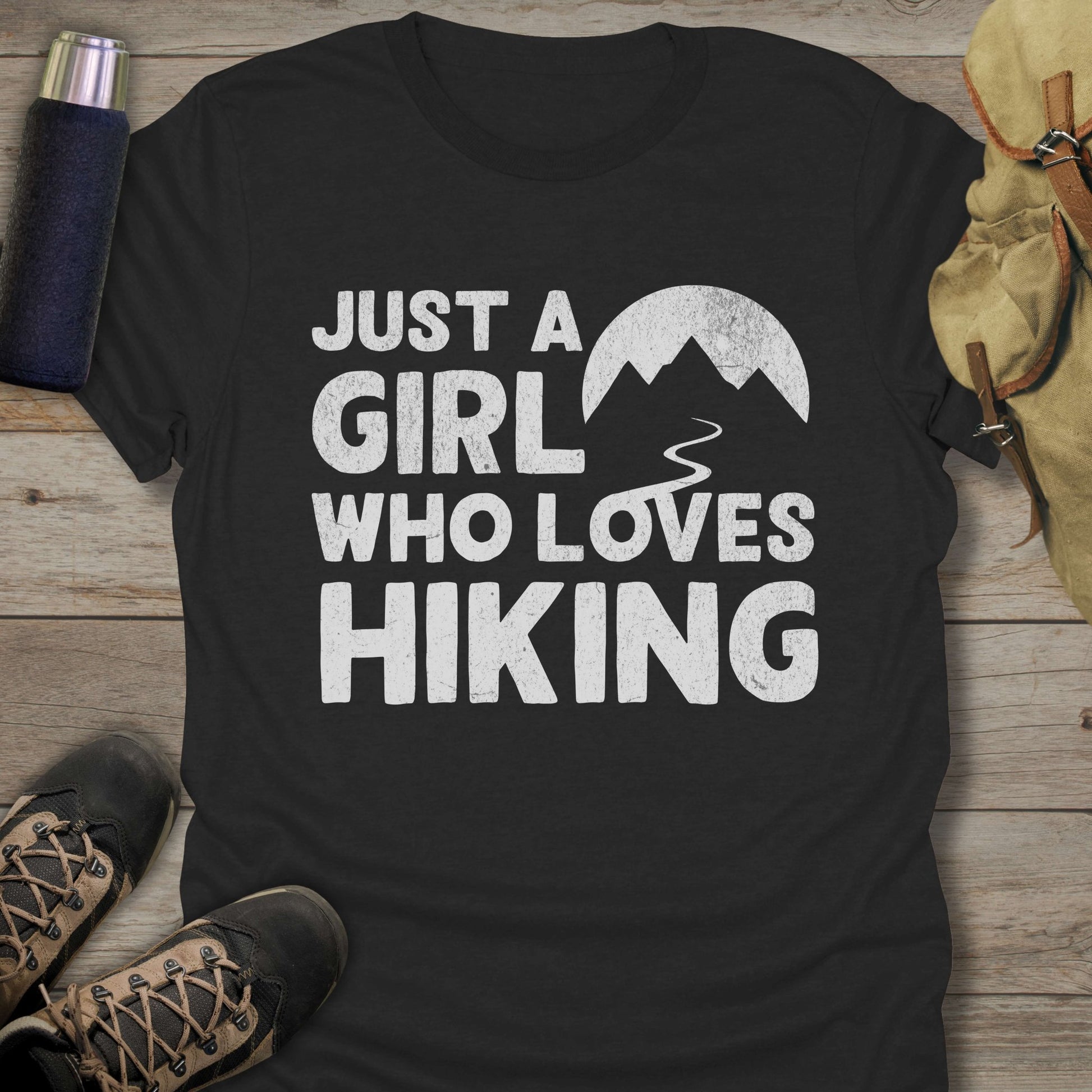 Funny hiking shirts and funny shirts for men. Just A Girl Who Loves Hiking in color black.