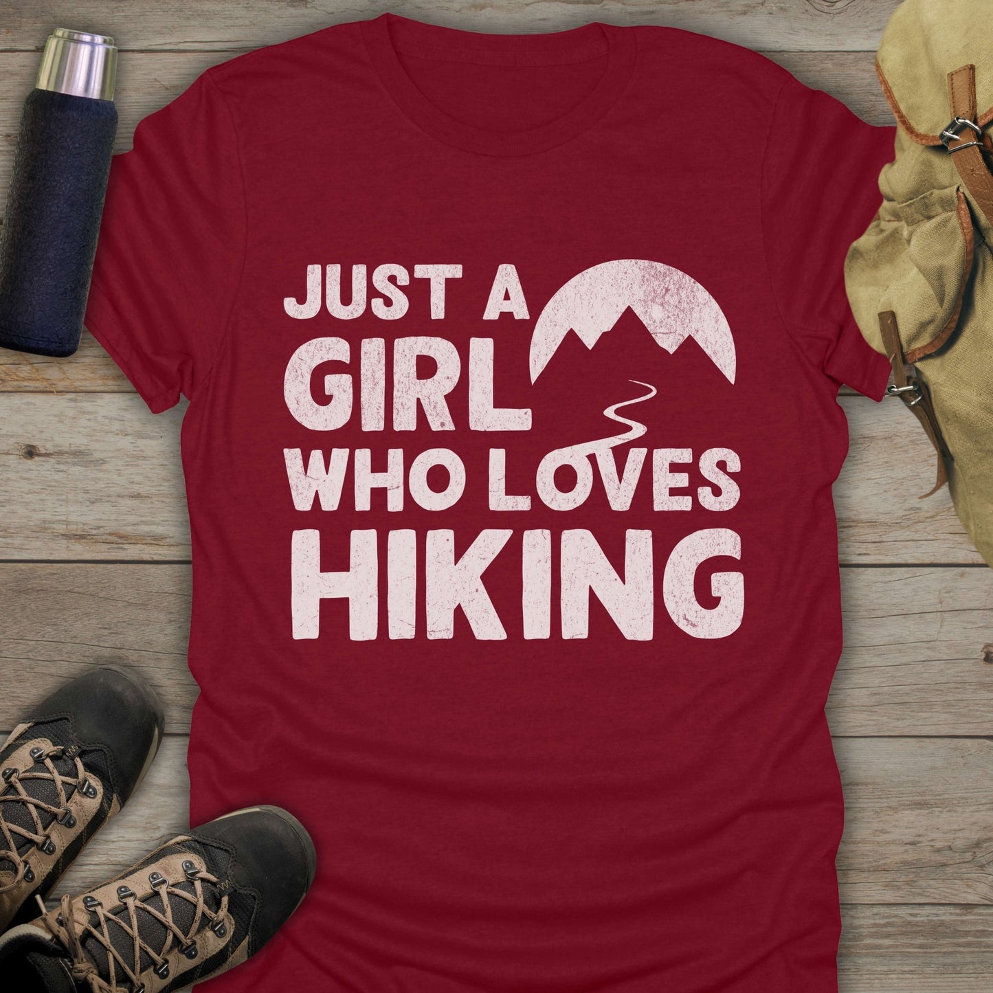 Funny hiking shirts and funny shirts for men. Just A Girl Who Loves Hiking in color red.