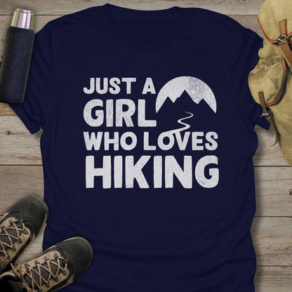 Funny hiking shirts and funny shirts for men. Just A Girl Who Loves Hiking in color navy.
