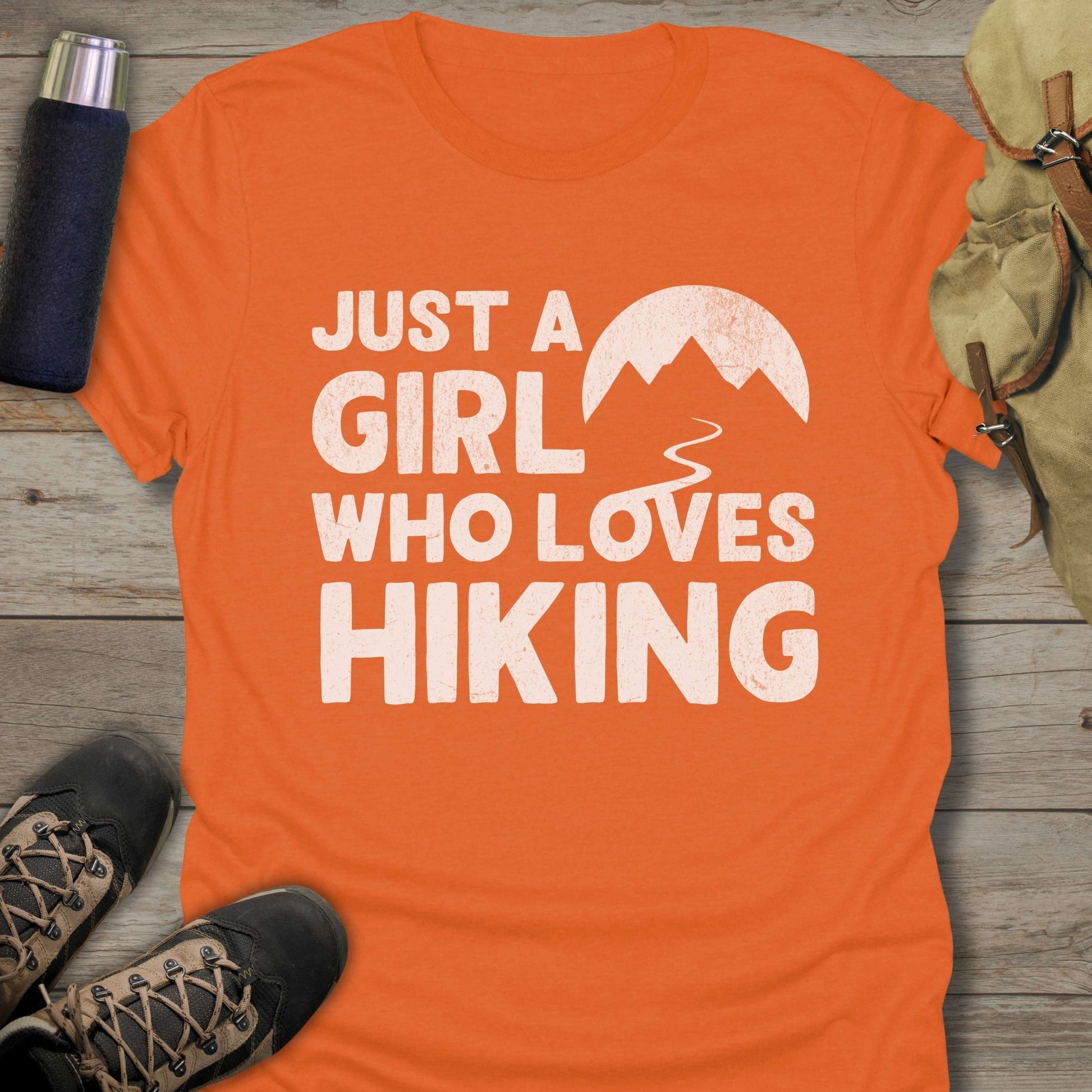 Funny hiking shirts and funny shirts for men. Just A Girl Who Loves Hiking in color orange.