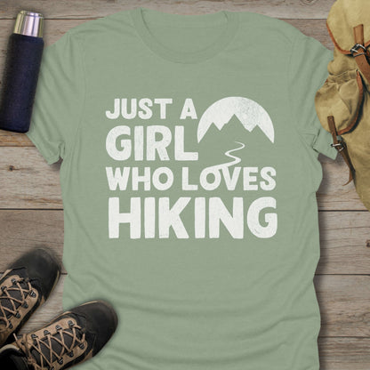 Funny hiking shirts and funny shirts for men. Just A Girl Who Loves Hiking in color sage.