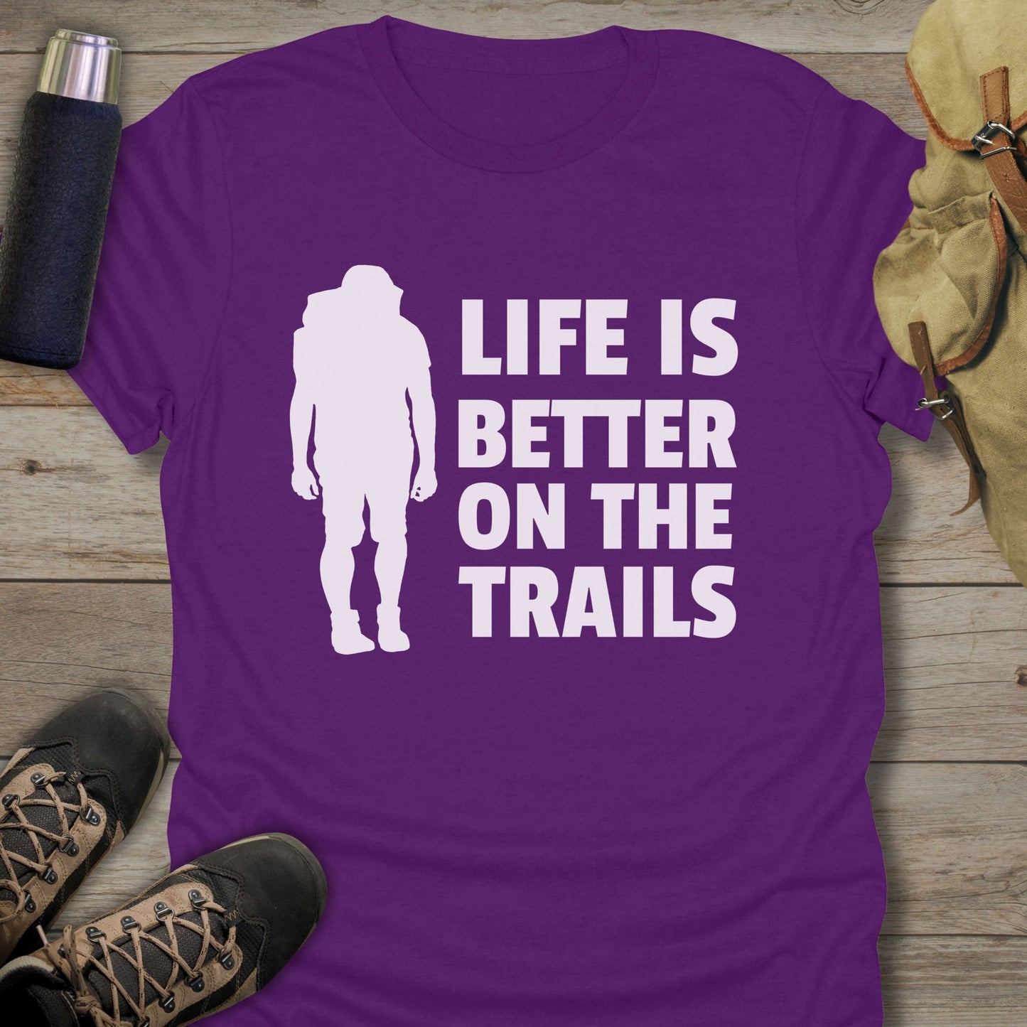 Funny hiking shirts and funny shirts for men. Life Is Better On The Trails in color purple.