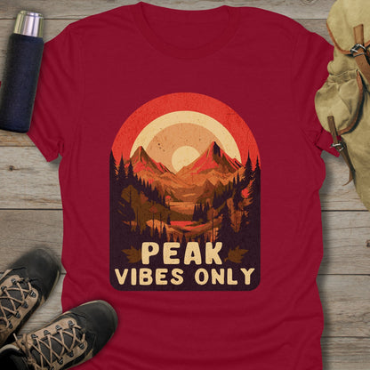 Funny hiking shirts and funny shirts for men. Peak vibes only in color cherry red.