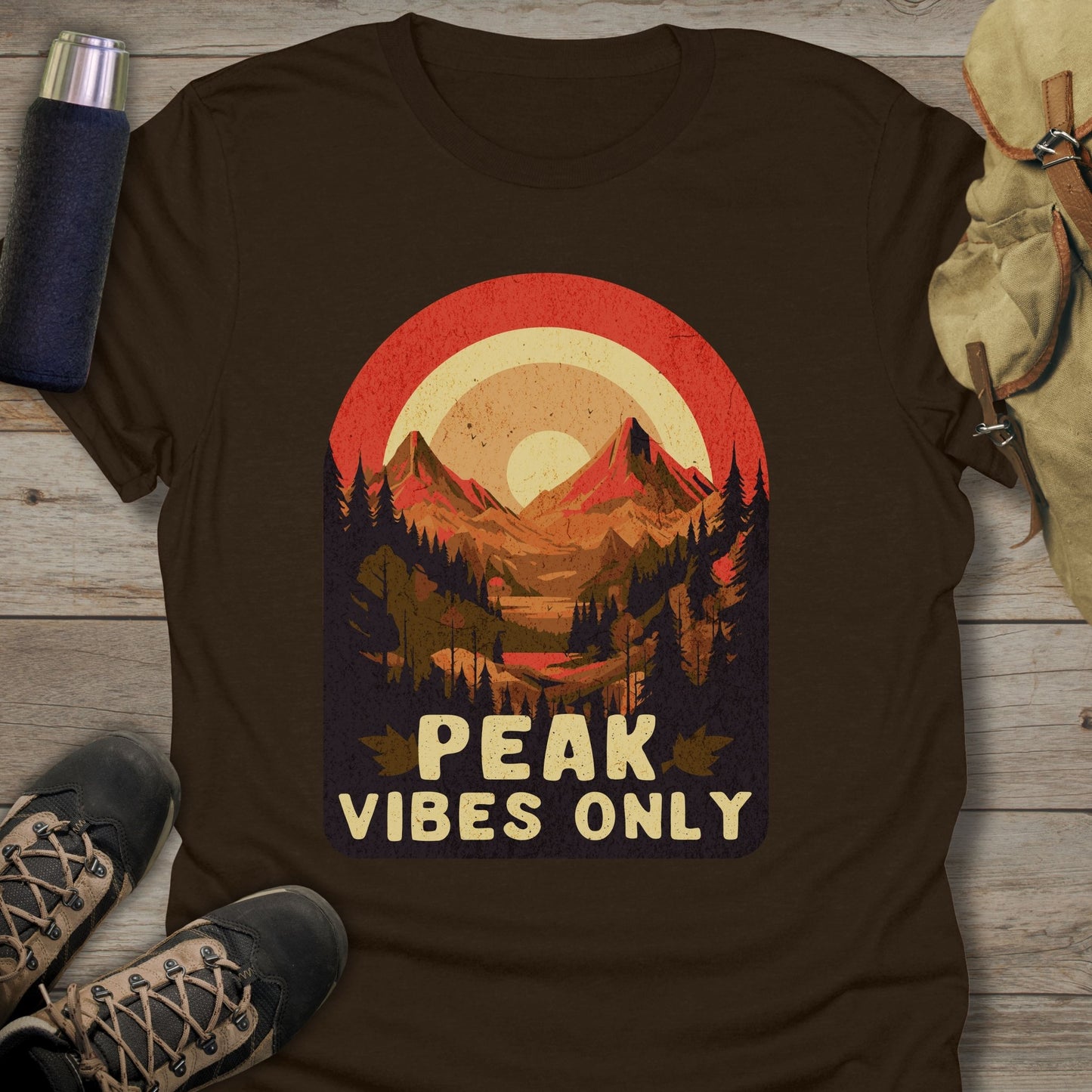 Funny hiking shirts and funny shirts for men. Peak vibes only in color dark chocolate.