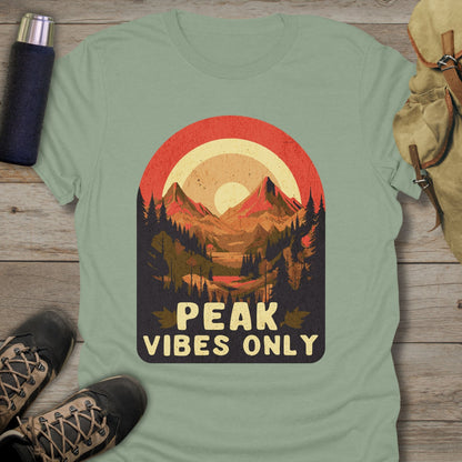 Funny hiking shirts and funny shirts for men. Peak vibes only in color sage.