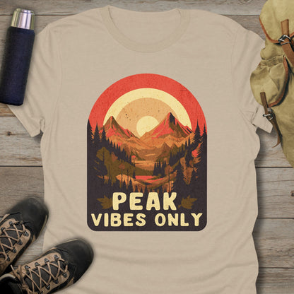 Funny hiking shirts and funny shirts for men. Peak vibes only in color sand.